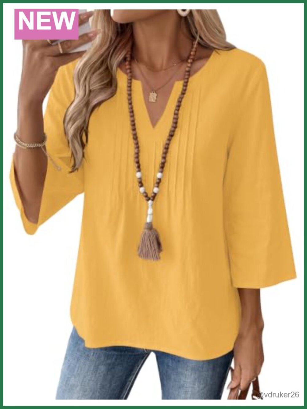 LUYAA Womens 3/4 Sleeve Tops Cotton Linen Shirts V Neck Pleated Tees